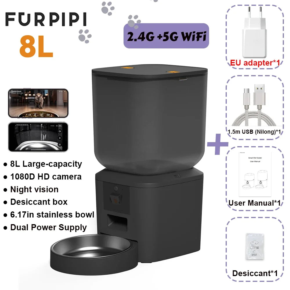 4L Smart Automatic Pet Feeder with HD Camera 5GHz WiFi Dual Stainless Steel Bowls Black