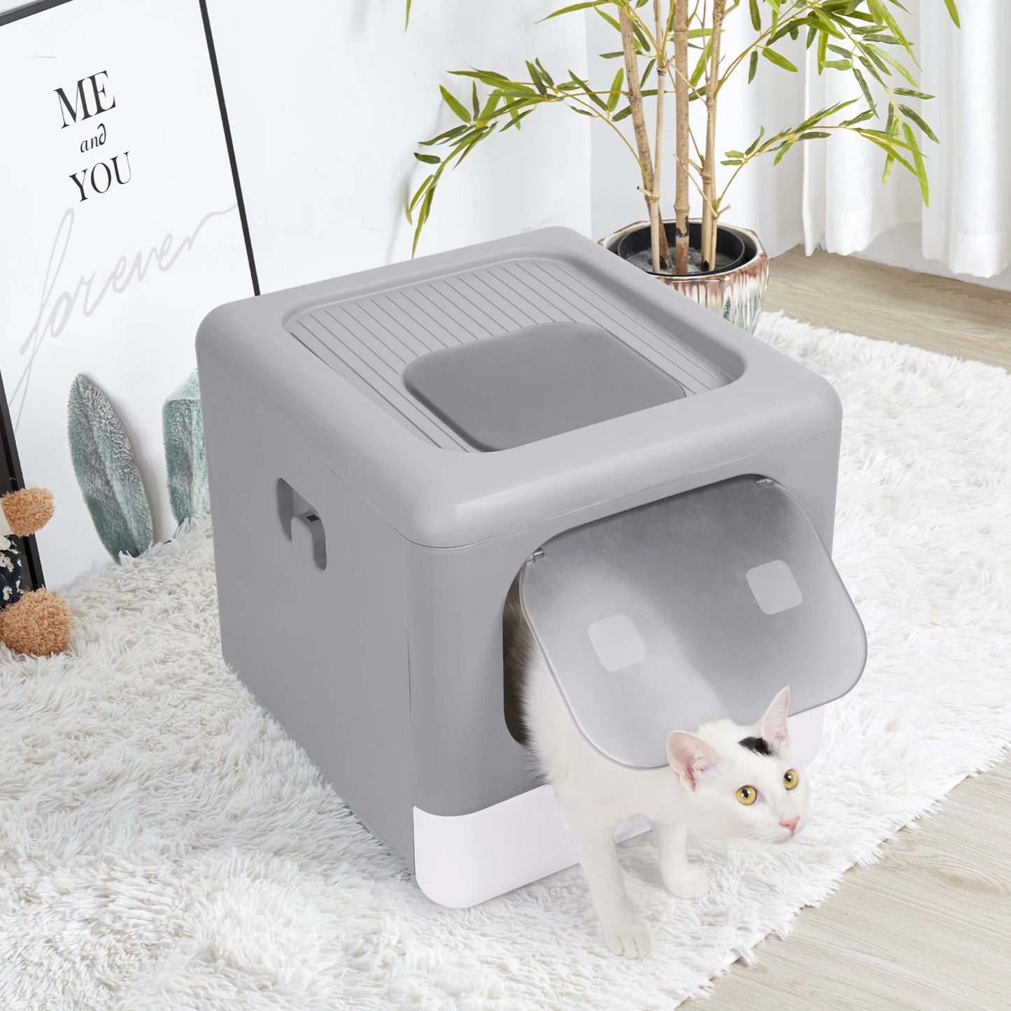 Cat Litter Box PP Semi-Closed Top and Front Entry Foldable Drawer Design 40.5 x 43 x 37.5 cm Grey White