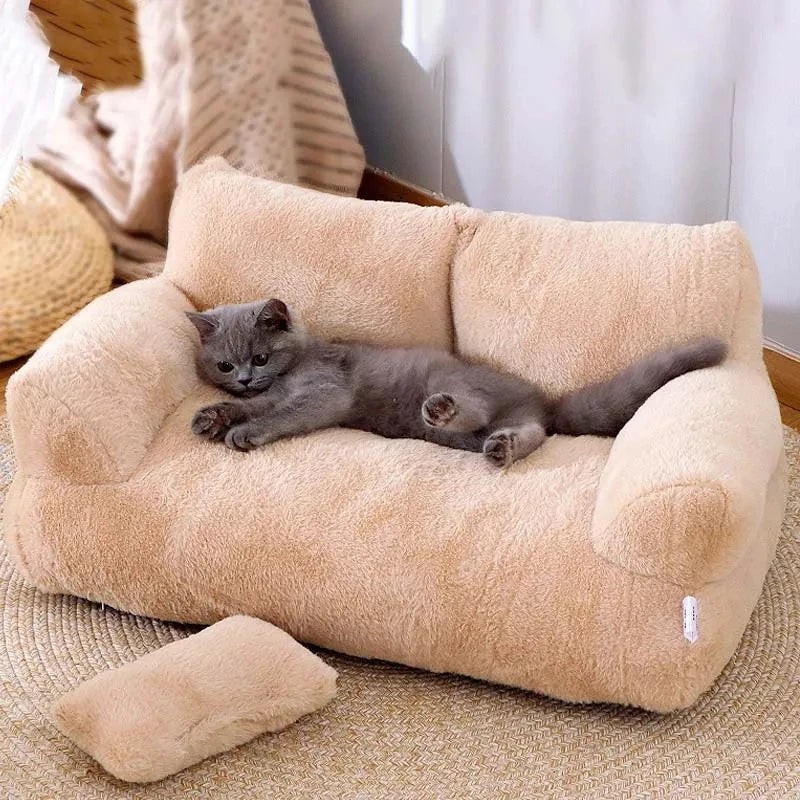Cat Bed Sofa Plush Pet Bed with Pillow Anti Slip Base Kaki 55 × 38 × 18 cm