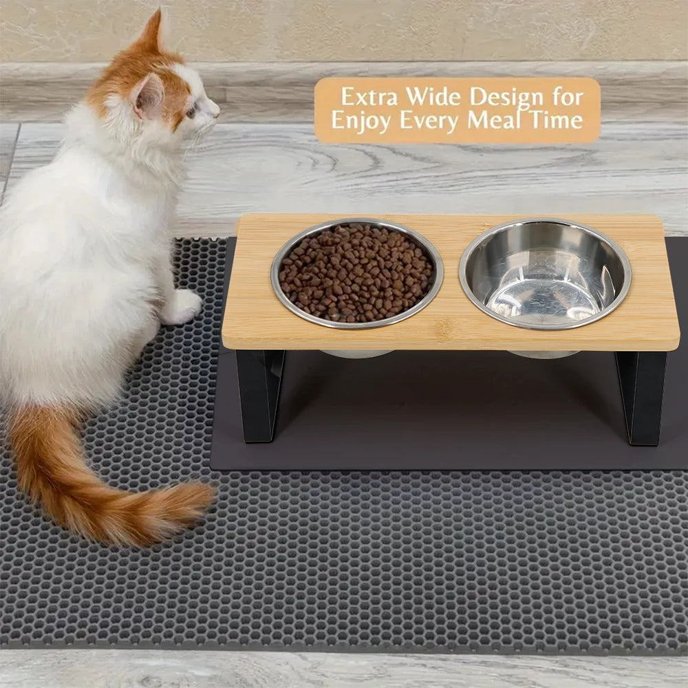 Raised Pet Feeding Bowls with Wooden Stand 15 Degree Tilt Double Stainless Steel Bowls