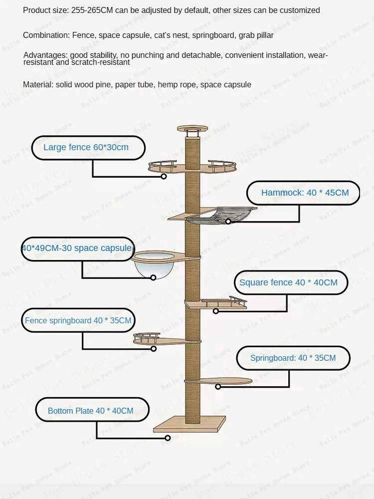 Multi-Level Cat Tree with Hammock Scratching Posts and Pine Wood Frame