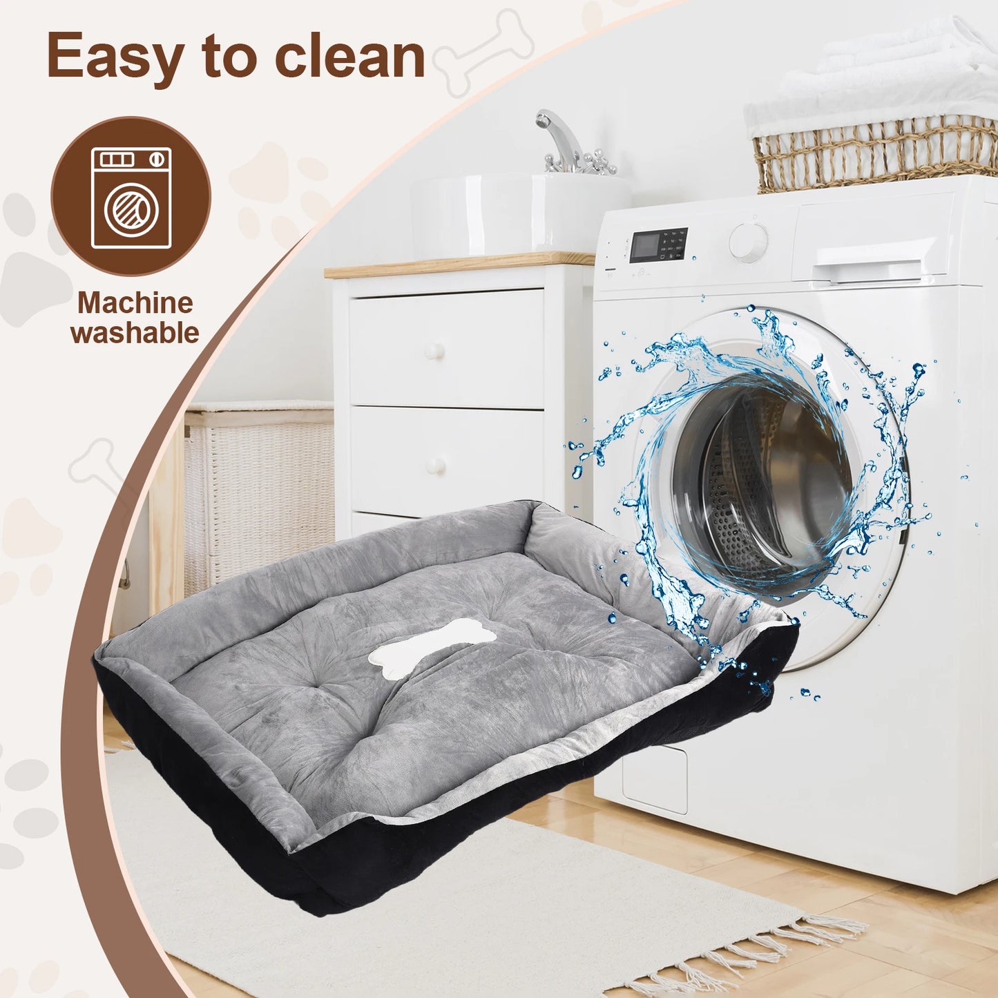 Square Pet Bed with Pillow Blanket and Bone Toy Cotton Pet Sleep Basket 120 x 90 x 15 cm