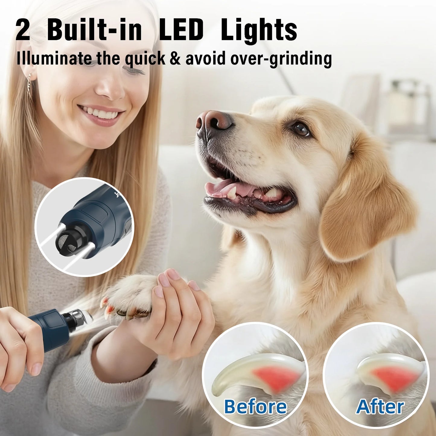 Electric Pet Nail Grinder 6 Speed with Dual LED Lights USB Rechargeable for Dogs and Cats