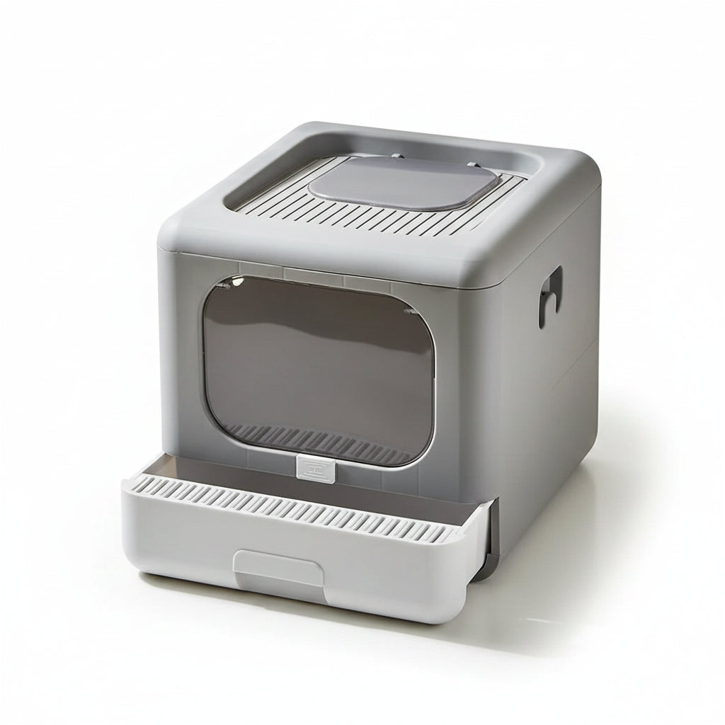 Cat Litter Box PP Semi-Closed Top and Front Entry Foldable Drawer Design 40.5 x 43 x 37.5 cm Grey White