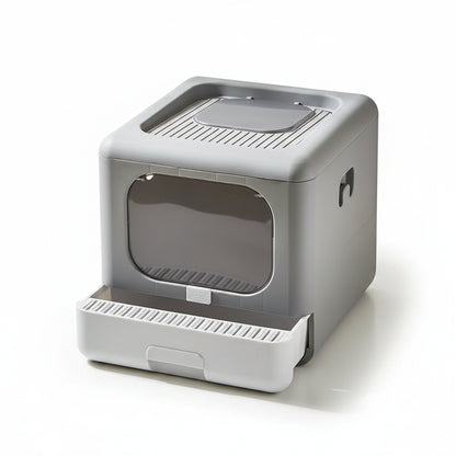 Cat Litter Box PP Semi-Closed Top and Front Entry Foldable Drawer Design 40.5 x 43 x 37.5 cm Grey White