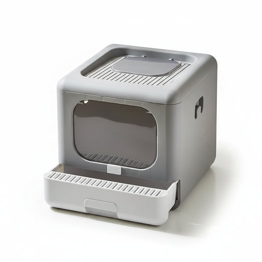 Cat Litter Box PP Semi-Closed Top and Front Entry Foldable Drawer Design 40.5 x 43 x 37.5 cm Grey White