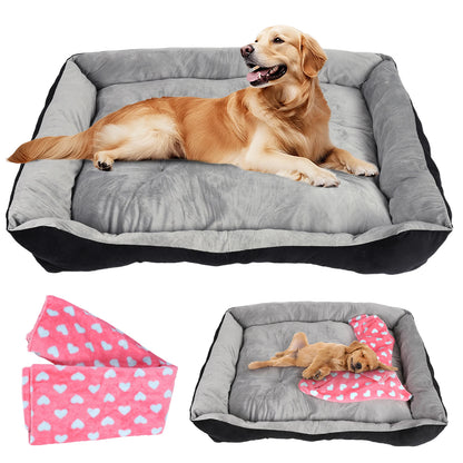 Square Pet Bed with Pillow Blanket and Bone Toy Cotton Pet Sleep Basket 120 x 90 x 15 cm