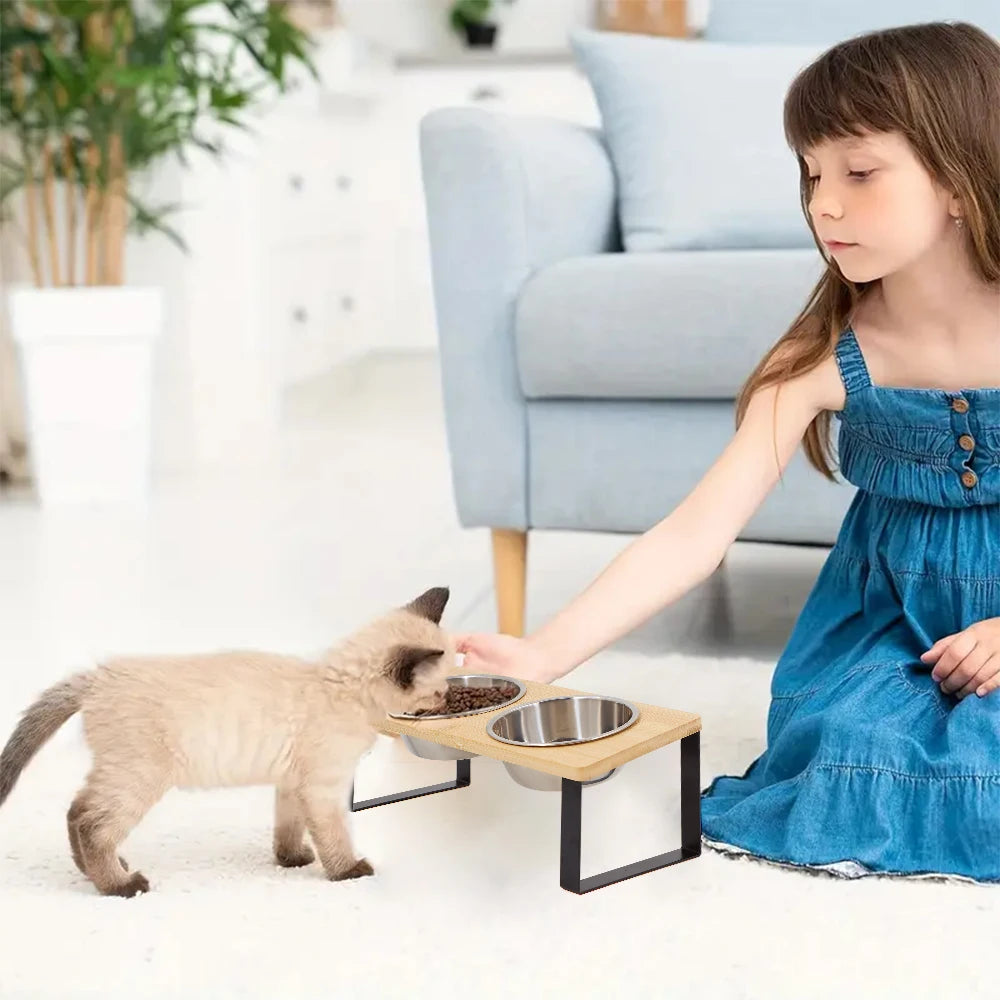 Raised Pet Feeding Bowls with Wooden Stand 15 Degree Tilt Double Stainless Steel Bowls