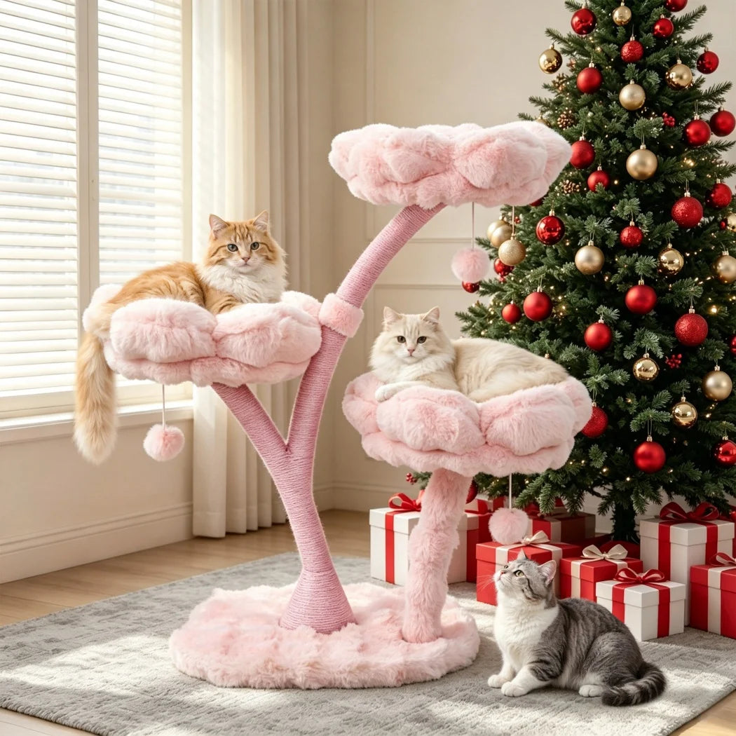 Pink Flower Cat Tree Tower 4 Levels with Scratching Post Cushioned Platforms and Hanging Toy