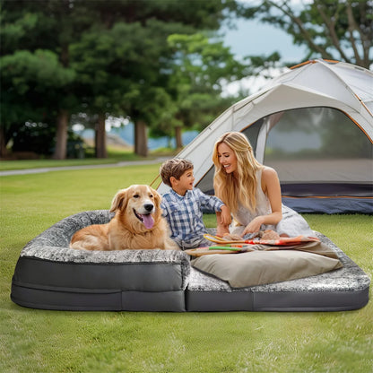 Foldable Human Size Dog Bed with Removable Cover Plush Surface and Sponge Foam Base Grey