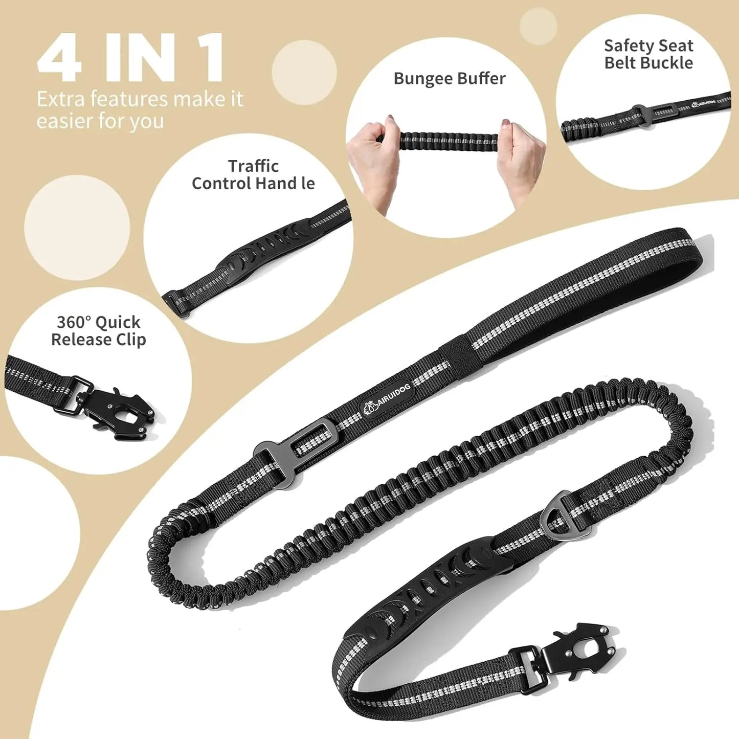 Dog Leash with Shock Absorbing Bungee Dual Handles Metal Clip and Car Seatbelt Black