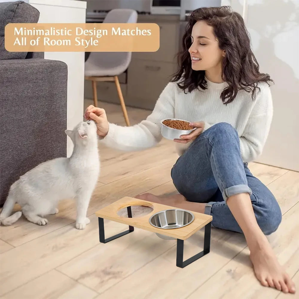 Raised Pet Feeding Bowls with Wooden Stand 15 Degree Tilt Double Stainless Steel Bowls