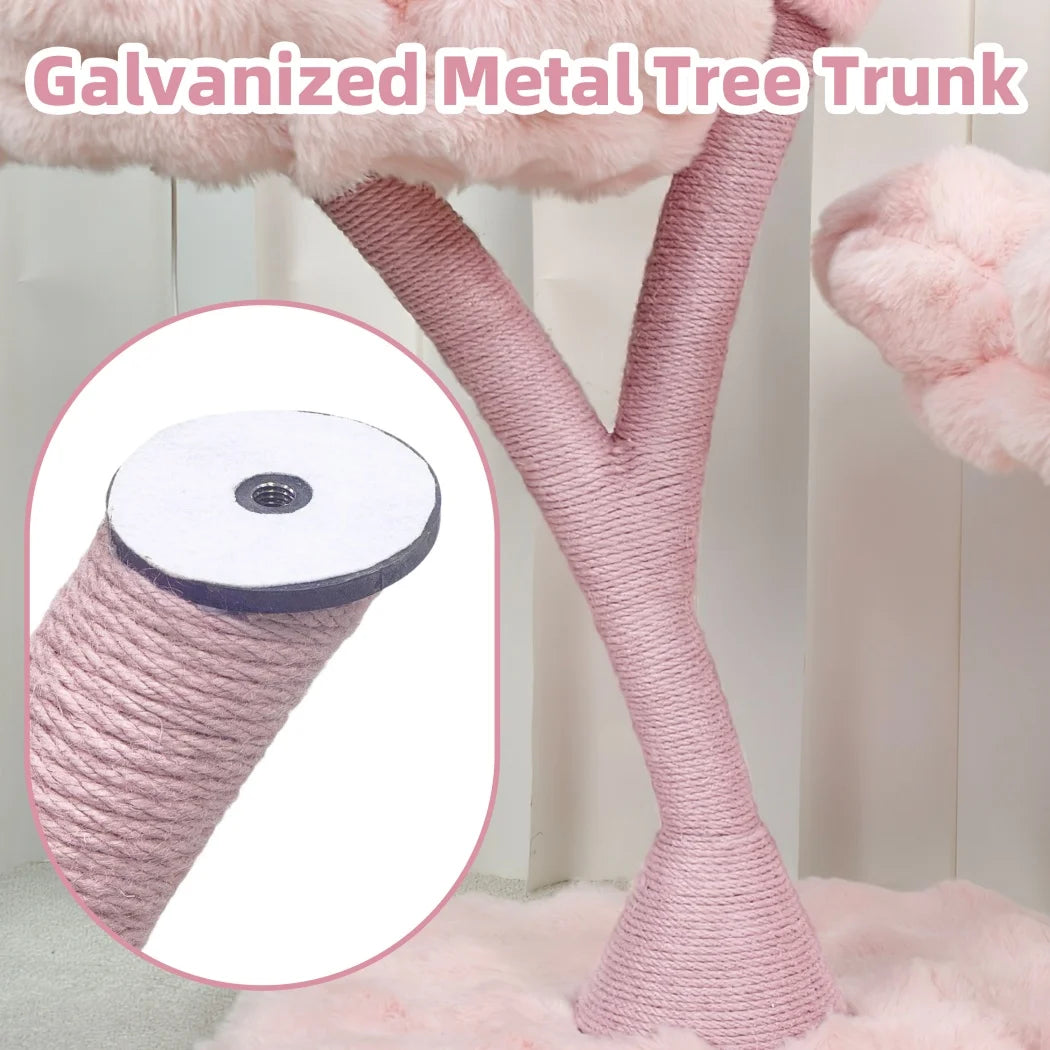 Pink Flower Cat Tree Tower 4 Levels with Scratching Post Cushioned Platforms and Hanging Toy
