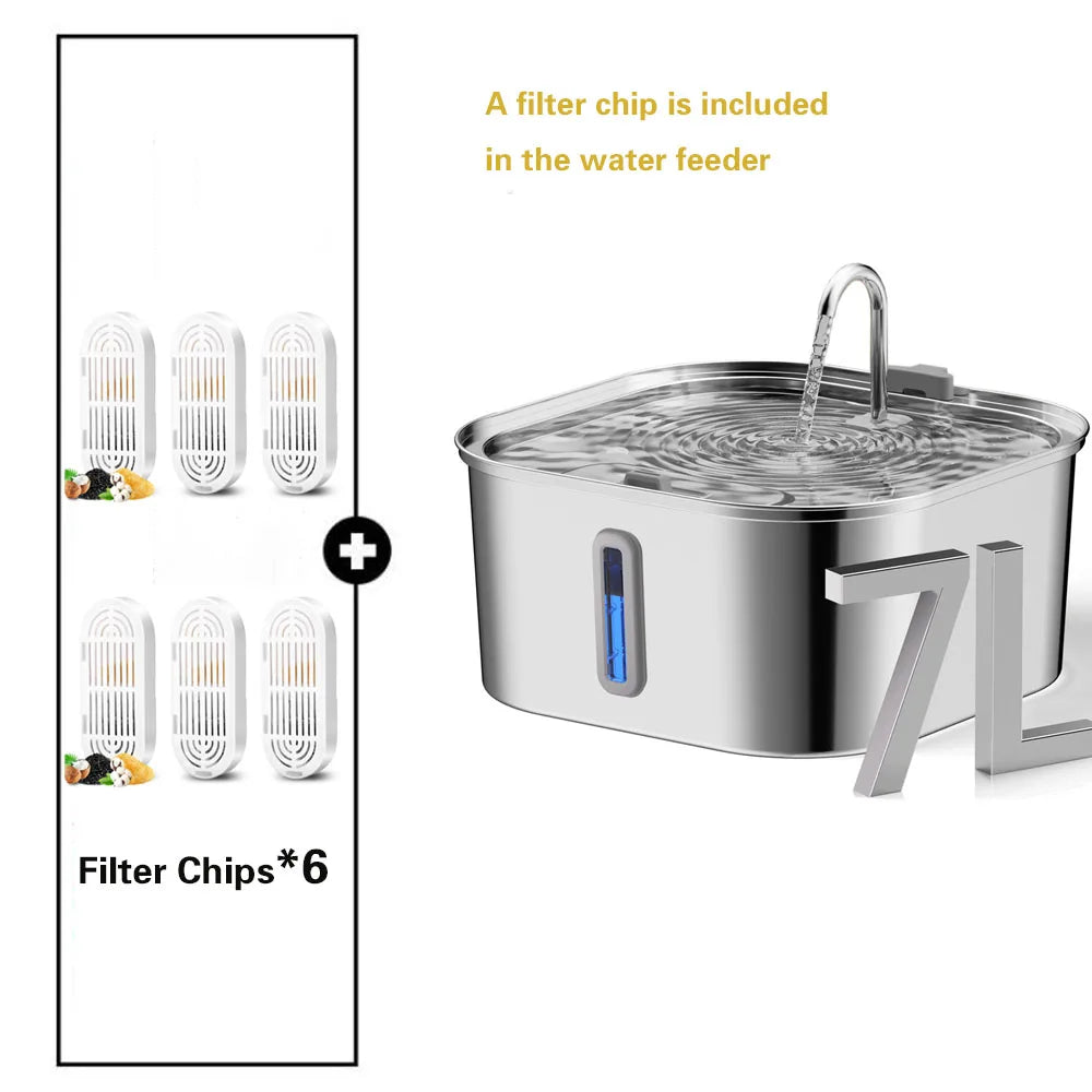 Automatic Pet Water Fountain 7 L Stainless Steel with Water Level Window and 6 Filter Chips