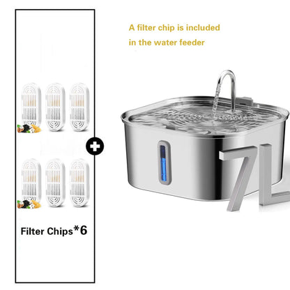 Automatic Pet Water Fountain 7 L Stainless Steel with Water Level Window and 6 Filter Chips