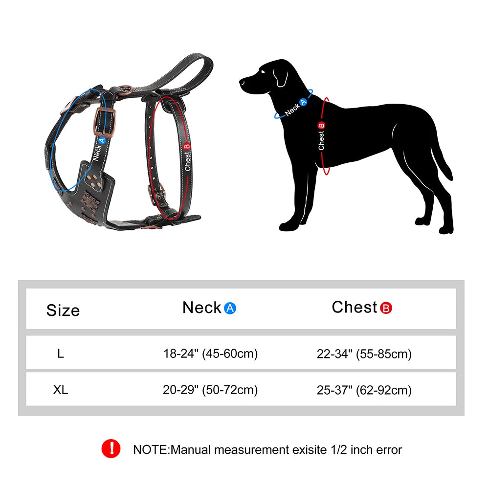 Leather Dog Harness L Adjustable Training Vest with Metal Accessories Black