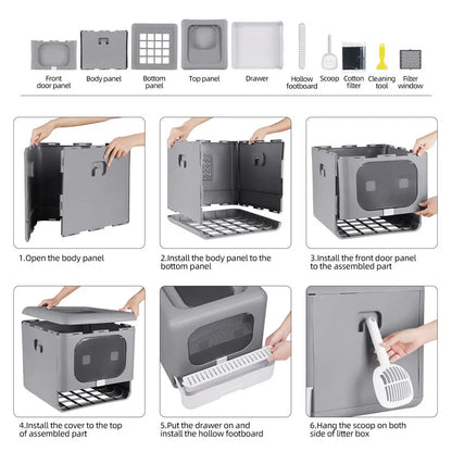 Cat Litter Box PP Semi-Closed Top and Front Entry Foldable Drawer Design 40.5 x 43 x 37.5 cm Grey White