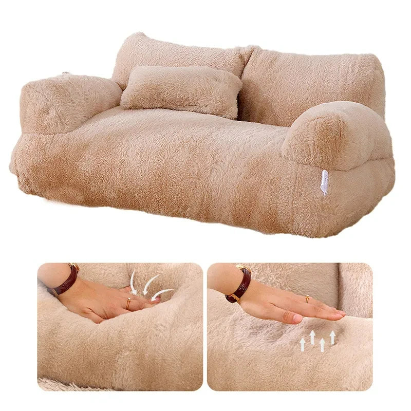 Cat Bed Sofa Plush Pet Bed with Pillow Anti Slip Base Kaki 55 × 38 × 18 cm