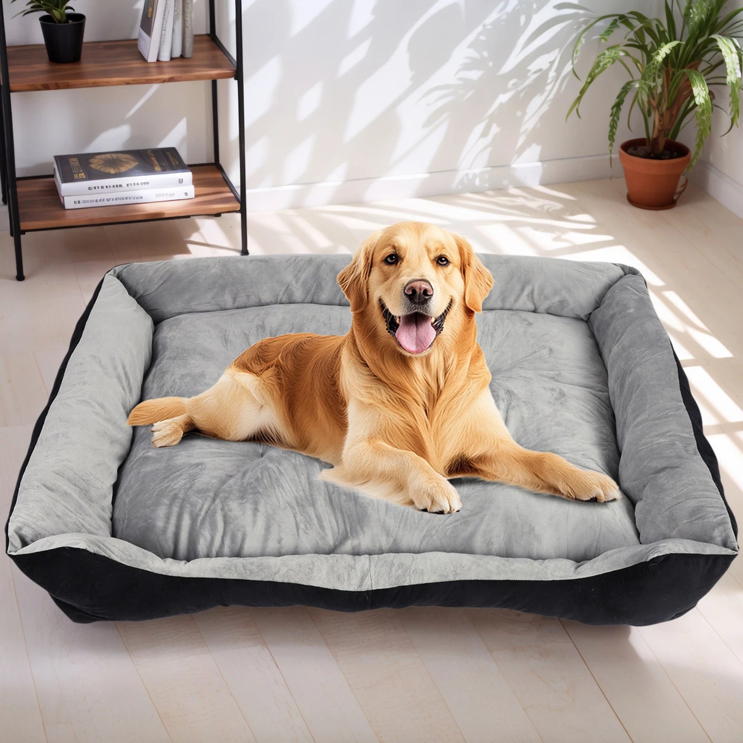 Square Pet Bed with Pillow Blanket and Bone Toy Cotton Pet Sleep Basket 120 x 90 x 15 cm