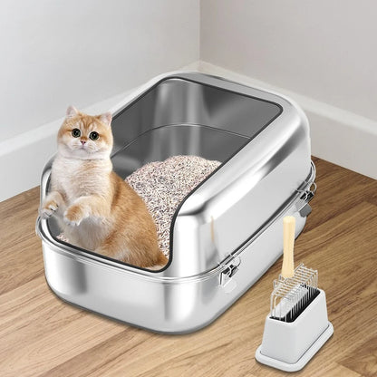 Extra Large Stainless Steel Cat Litter Box Semi Enclosed High Sided Silver 60 × 40 × 30 cm