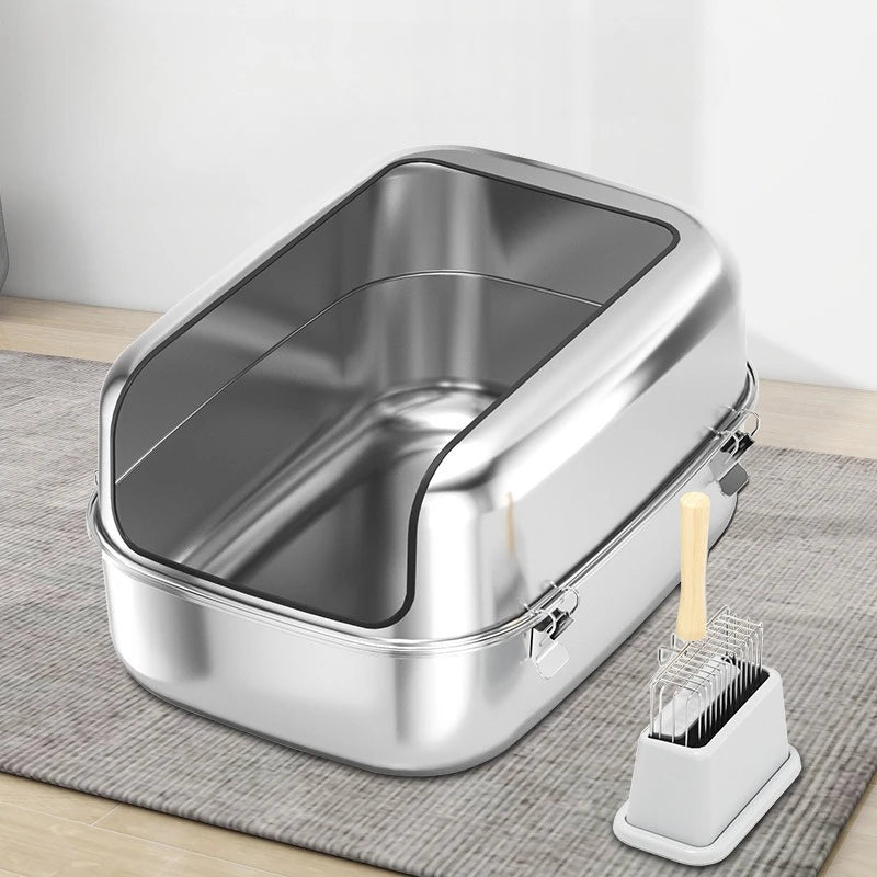 Extra Large Stainless Steel Cat Litter Box Semi Enclosed High Sided Silver 60 × 40 × 30 cm