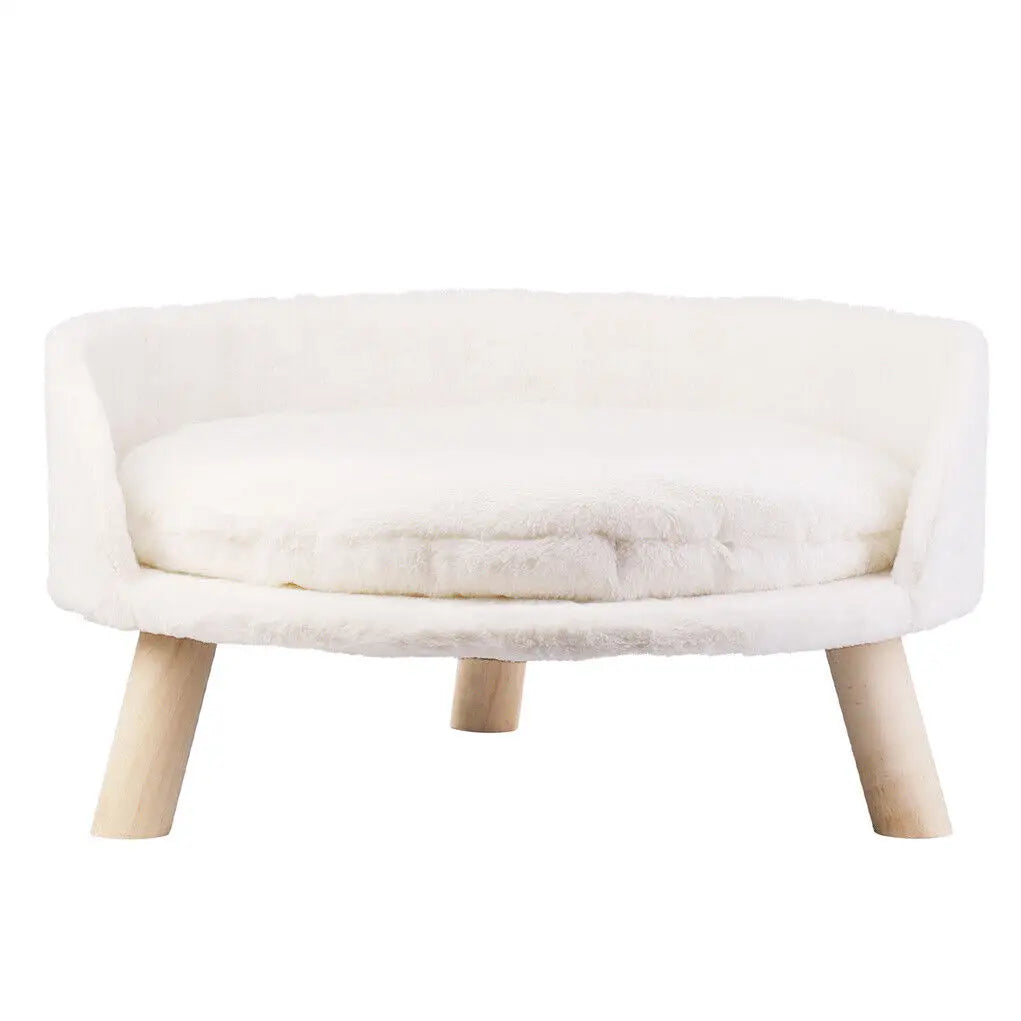 Cat Bed Sofa Plush Fabric Wooden Legs Cushion Pad Small and Medium Pets 41.5cm 61.5cm White