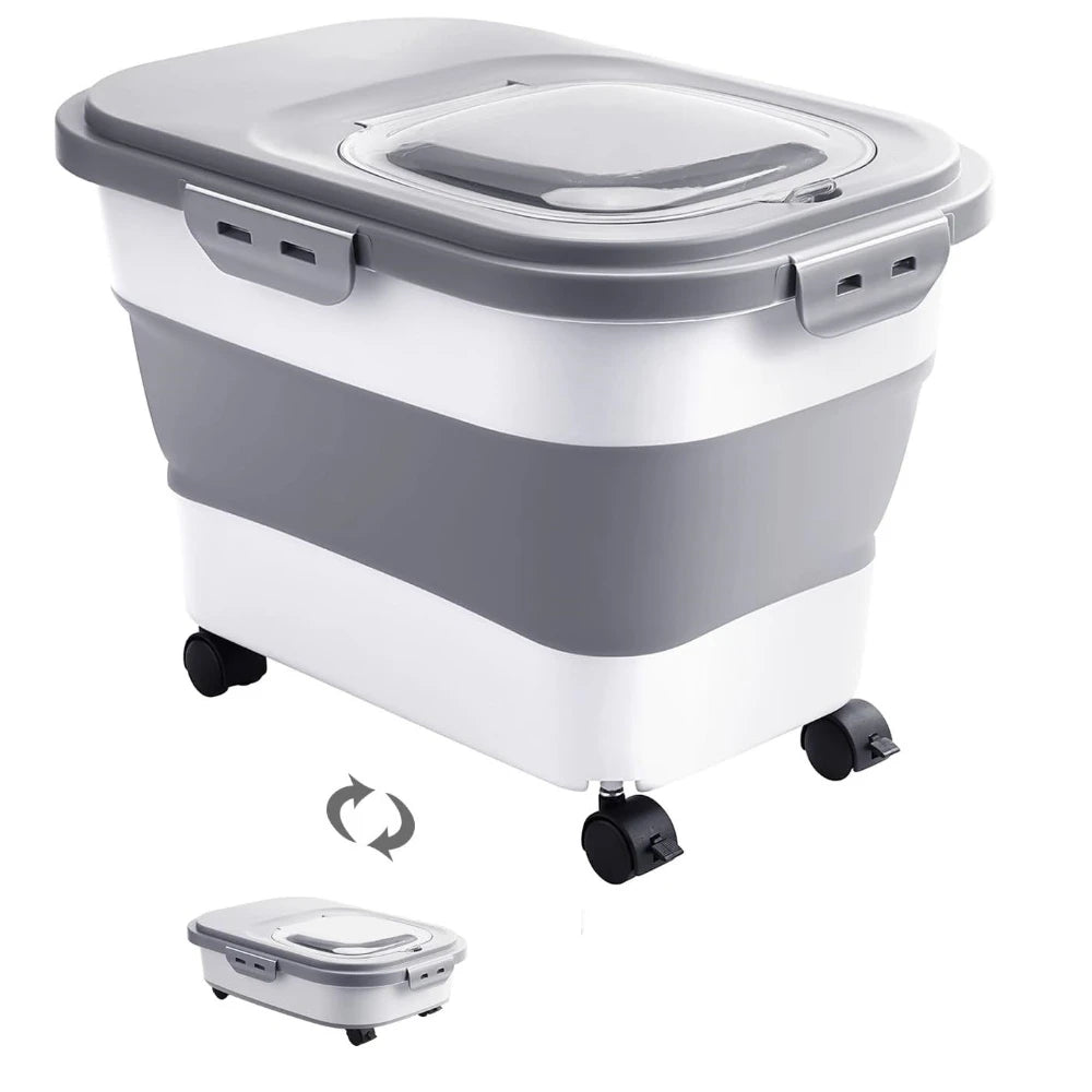 Foldable Pet Food Storage Container with Clear Lid Rolling Wheels and Airtight Lid