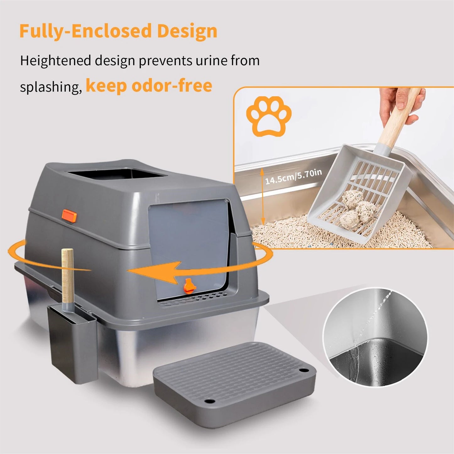 Extra Large Cat Litter Box with Lid Stainless Steel 65 L Capacity High Sides Semi Open or Fully Closed