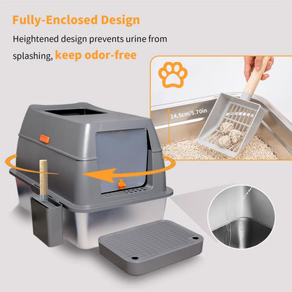 Extra Large Cat Litter Box with Lid Stainless Steel 65 L Capacity High Sides Semi Open or Fully Closed