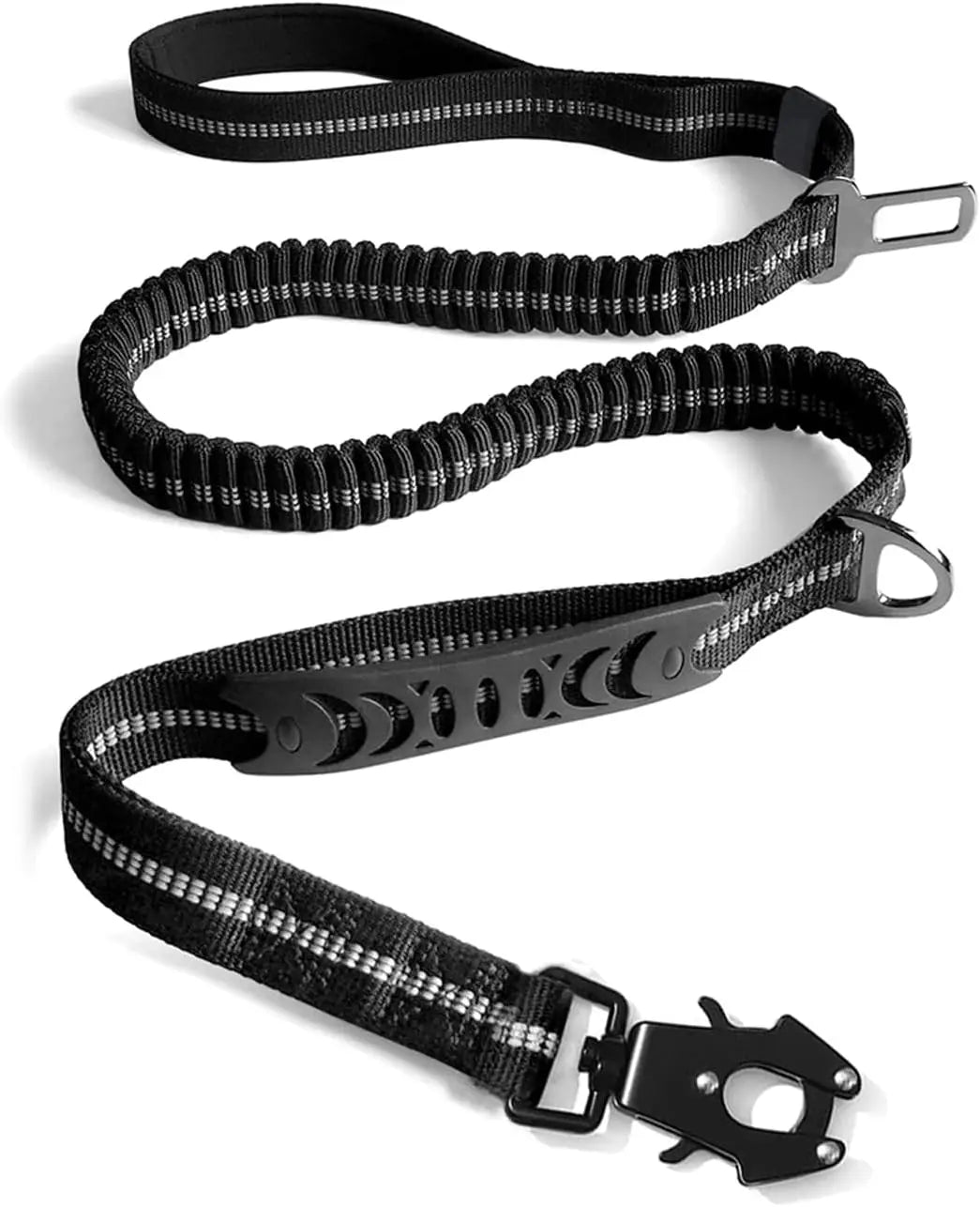 Dog Leash with Shock Absorbing Bungee Dual Handles Metal Clip and Car Seatbelt Black
