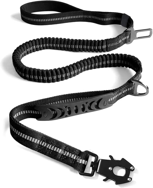 Dog Leash with Shock Absorbing Bungee Dual Handles Metal Clip and Car Seatbelt Black