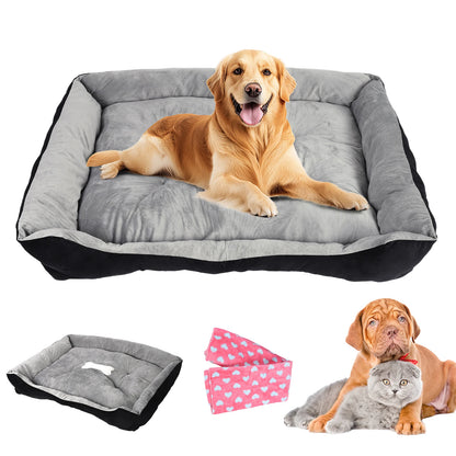 Square Pet Bed with Pillow Blanket and Bone Toy Cotton Pet Sleep Basket 120 x 90 x 15 cm