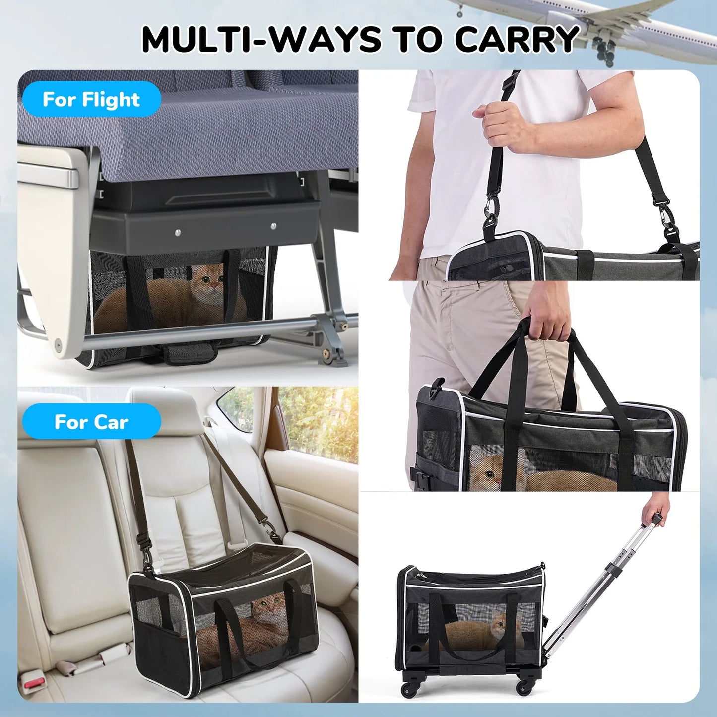 Pet Rolling Carrier with 360° Wheels Breathable Mesh Two Opening Design Padded Handle 29.5 x 44 x 29.5 cm