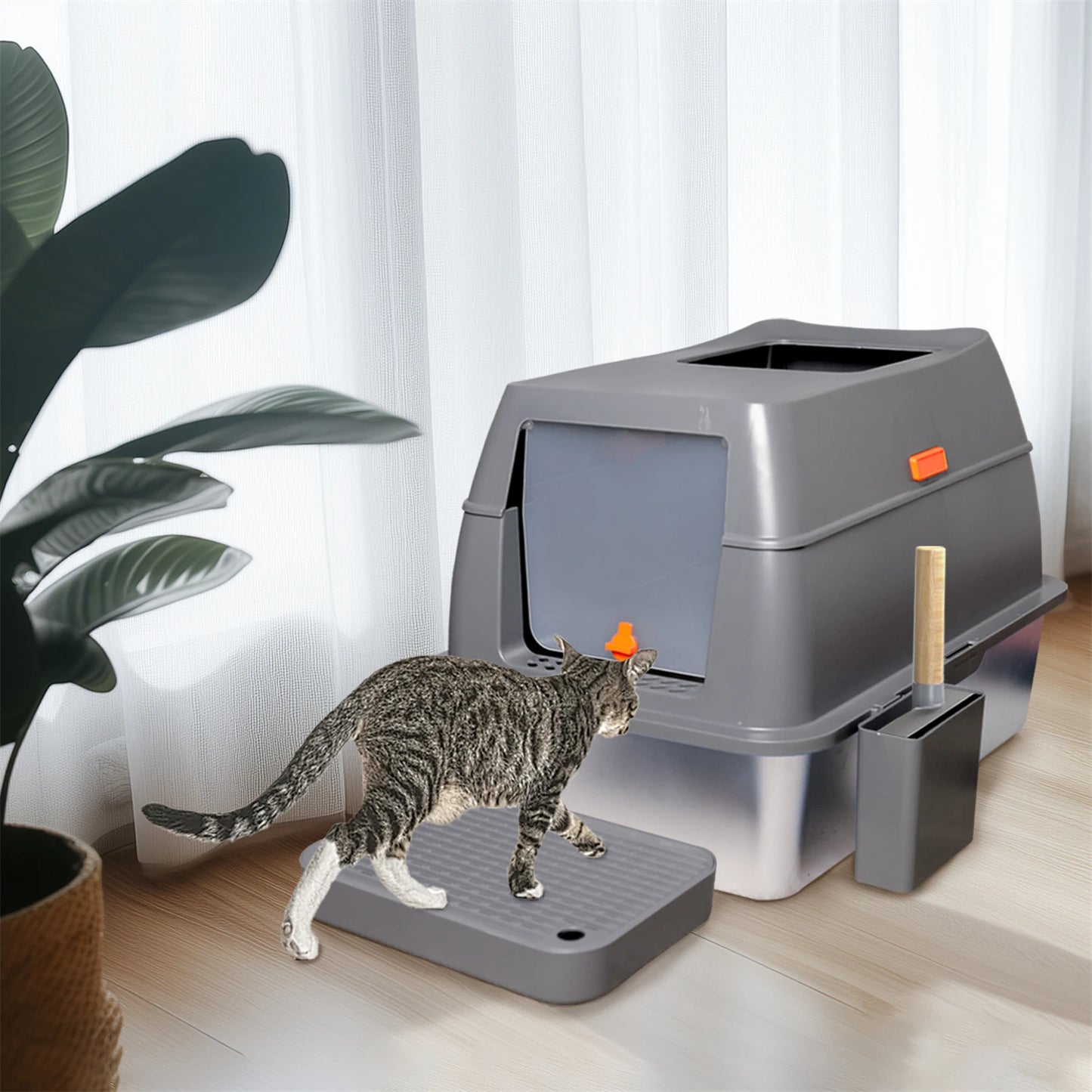 Extra Large Cat Litter Box with Lid Stainless Steel 65 L Capacity High Sides Semi Open or Fully Closed