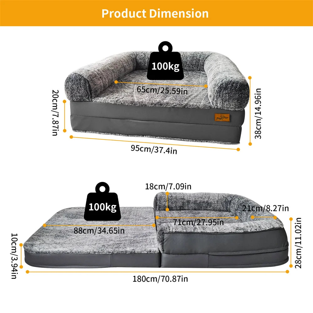 Foldable Human Size Dog Bed with Removable Cover Plush Surface and Sponge Foam Base Grey