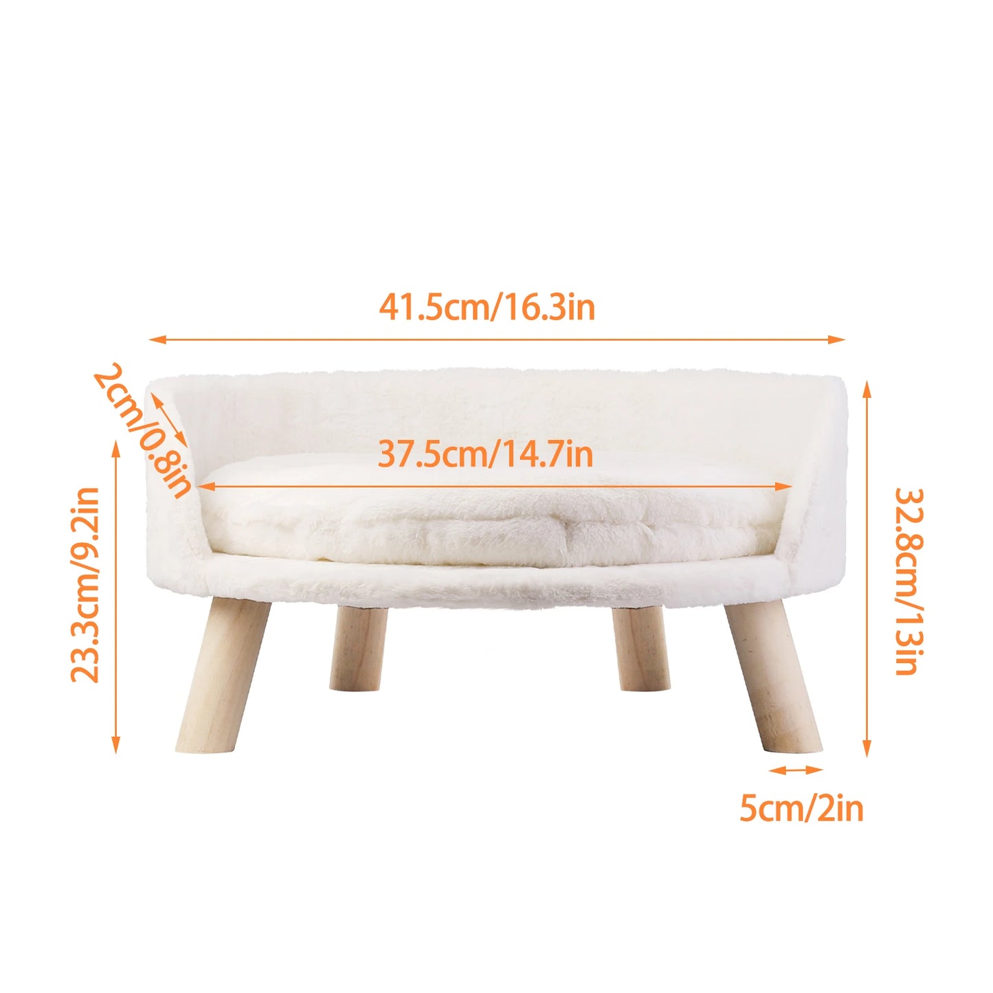 Cat Bed Sofa Plush Fabric Wooden Legs Cushion Pad Small and Medium Pets 41.5cm 61.5cm White