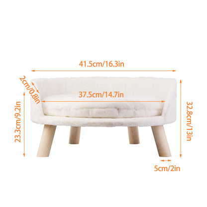 Cat Bed Sofa Plush Fabric Wooden Legs Cushion Pad Small and Medium Pets 41.5cm 61.5cm White