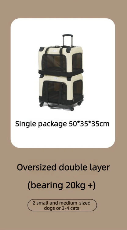 Foldable Double Decker Pet Trolley Carrier Rice Black for Cats and Dogs up to 20kg