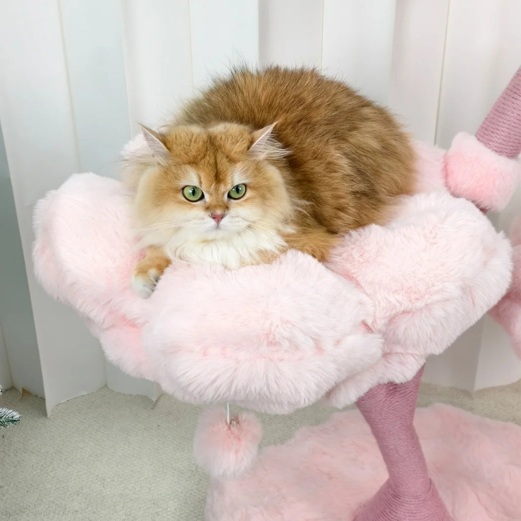 Pink Flower Cat Tree Tower 4 Levels with Scratching Post Cushioned Platforms and Hanging Toy