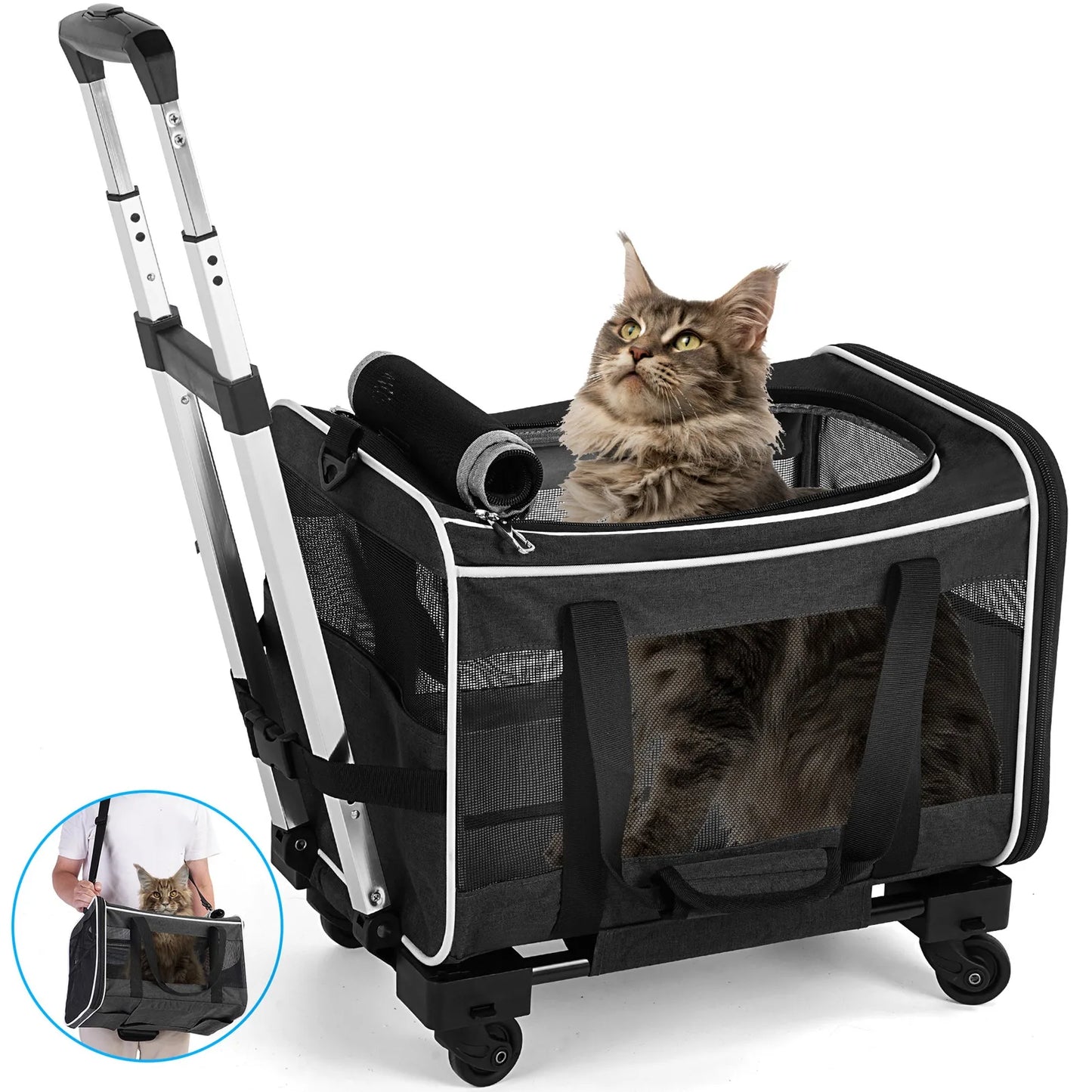 Pet Rolling Carrier with 360° Wheels Breathable Mesh Two Opening Design Padded Handle 29.5 x 44 x 29.5 cm