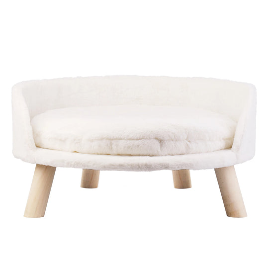 Cat Bed Sofa Plush Fabric Wooden Legs Cushion Pad Large 61.5 cm White