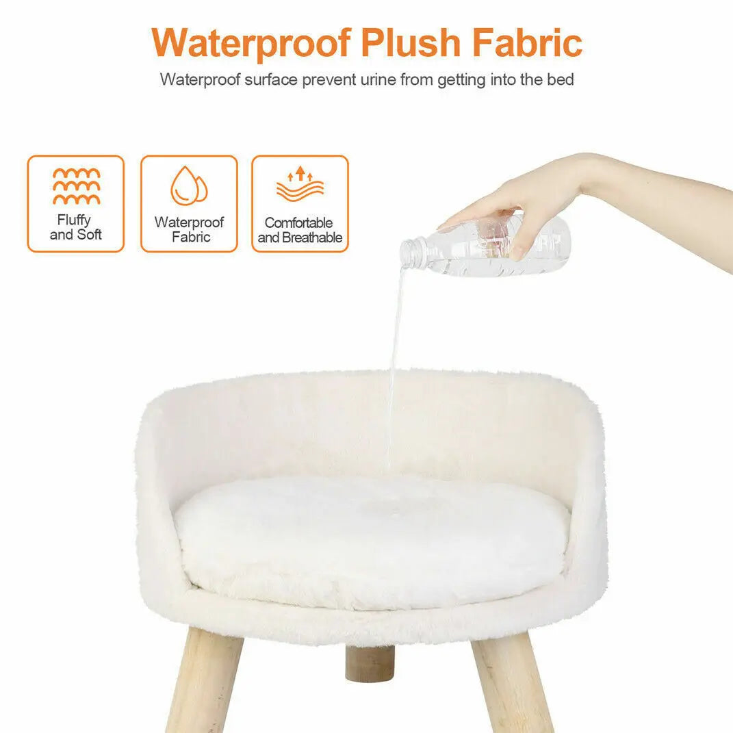 Cat Bed Sofa Plush Fabric Wooden Legs Cushion Pad Small and Medium Pets 41.5cm 61.5cm White