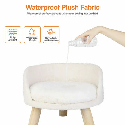 Cat Bed Sofa Plush Fabric Wooden Legs Cushion Pad Large 61.5 cm White