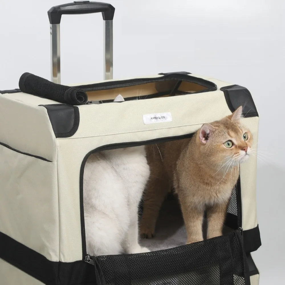 Foldable Double Decker Pet Trolley Carrier Rice Black for Cats and Dogs up to 20kg