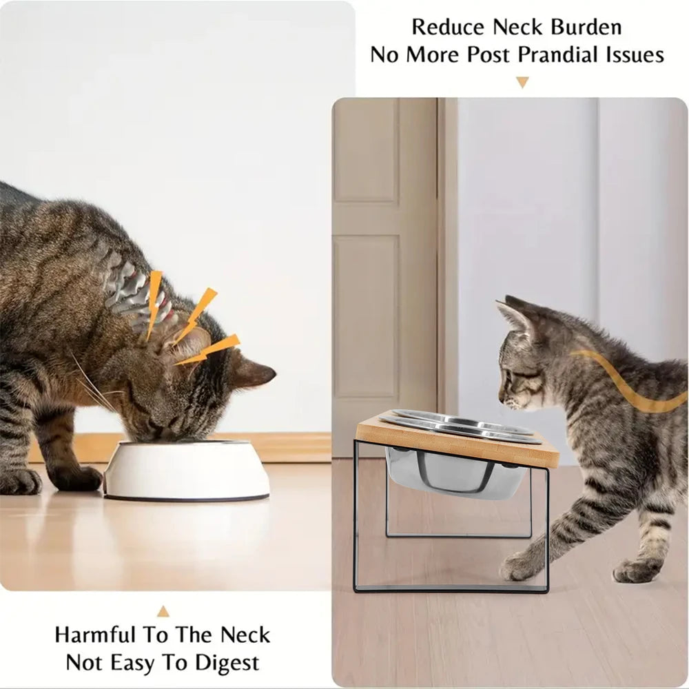 Raised Pet Feeding Bowls with Wooden Stand 15 Degree Tilt Double Stainless Steel Bowls