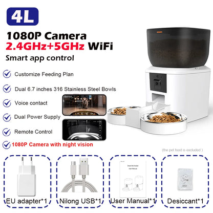 8L Smart Automatic Pet Feeder with HD Camera 5GHz WiFi Dual Stainless Steel Bowls Black