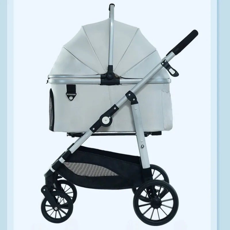 Foldable Pet Stroller Gray Detachable Carrier for Cats and Dogs