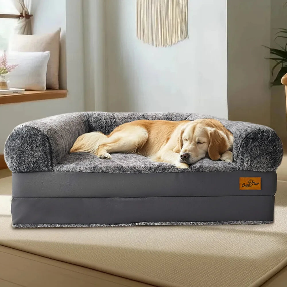 Foldable Human Size Dog Bed with Removable Cover Plush Surface and Sponge Foam Base Grey