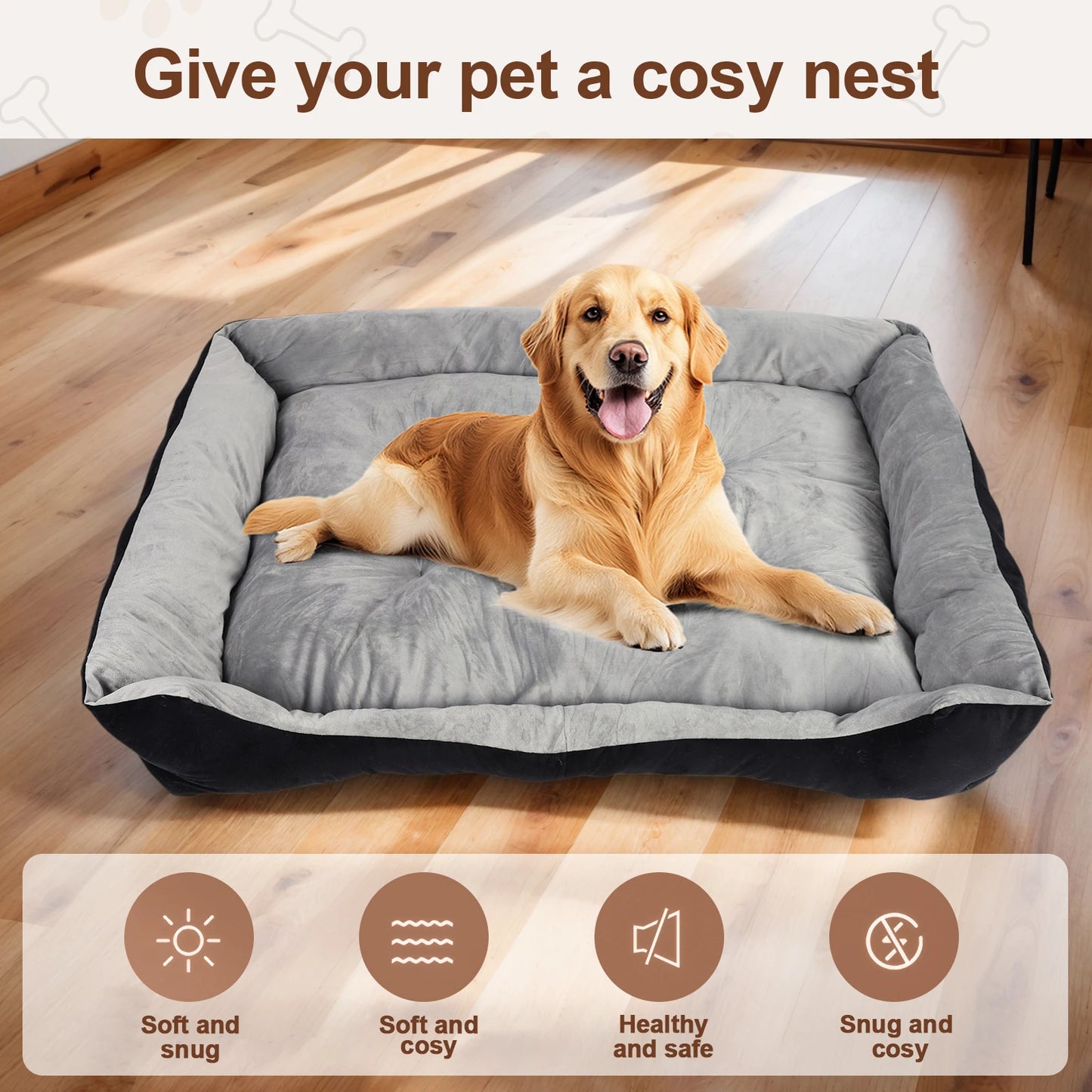 Square Pet Bed with Pillow Blanket and Bone Toy Cotton Pet Sleep Basket 120 x 90 x 15 cm