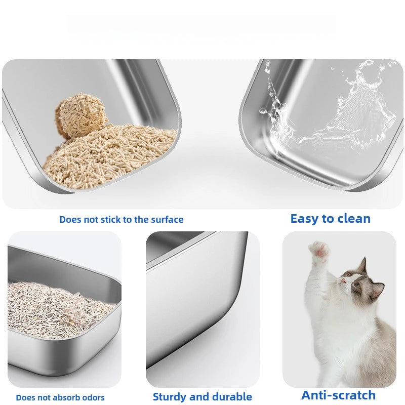 Extra Large Stainless Steel Cat Litter Box Semi Enclosed High Sided Silver 60 × 40 × 30 cm